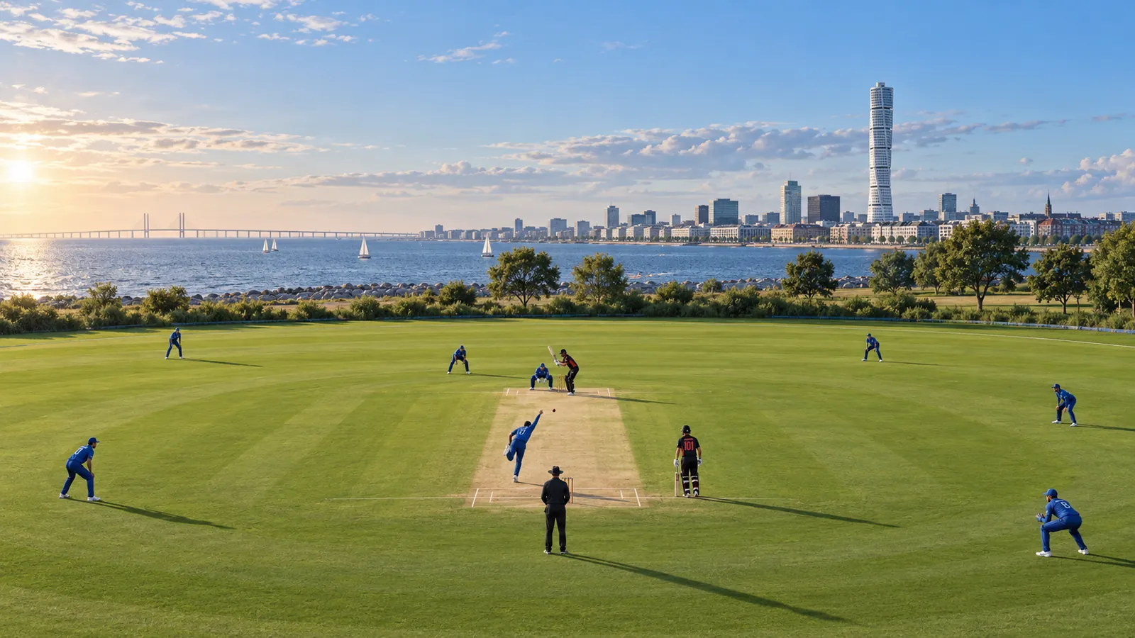 Cricket match on a green field by the sea in Malmö, with the Turning Torso and the Öresund Bridge in the distance